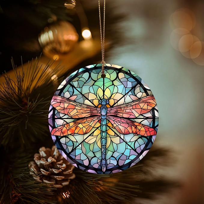 Dragonfly Mandala Glass Painting Christmas Ornaments, Christmas Decorations Xmas Tree Hanging Ornaments, Round Ceramic Festive Keepsake Gift for Xmas Decorations Holiday Home Decor