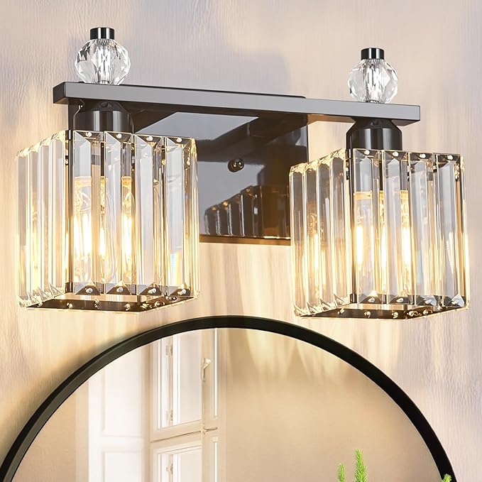 Vanity Lights 2-Light Modern Crystal Vanity Light Plating Black Bathroom Light Fixtures Over Mirror Crystal Bathroom Vanity Lighting Fixtures
