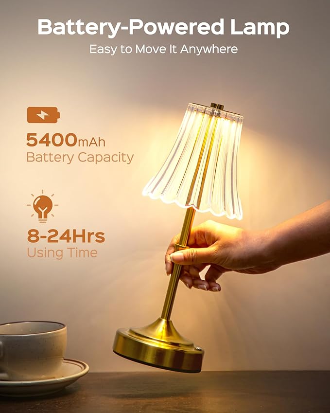 JACKYLED Vintage Cordless Table Lamp, Acrylic Crystal Flower Lamp Shade, 3 Colors Dimmable LED Golden Lamp, 5400mAh Battery Operated Rechargeable Lamp for Kitchen Counter Home Decor