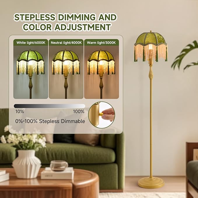 WEILASA Retro Tassel Floor lamp with Adjustable Light Simple Upright Metal Base LED Night lamp for Room 13”Wide, 62.7”High