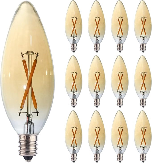 12 Pack C32 Candle Filament LED Bulb, 2W Equals 15-20W Soft Warm Light, E12 Candelabra Base Edison Bulb, Amber Glass Light Bulb for Pendant Chandelier Ceiling Fan