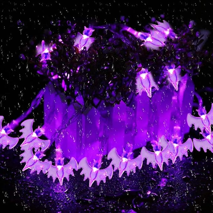 Halloween Solar String Lights, 21.3 Ft 30 LED Purple Bat LED Lights IP65 Waterproof for Halloween Outdoor Indoor Party Decor, Patio, Lawn, Garden, Yard