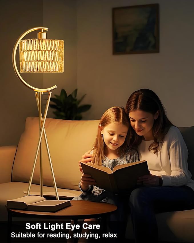 Lightdot Tripod Floor Lamp for Living Room, Gold Standing Lamp with Bulb Included, Boho Farmhouse Tall Lamp for Bedroom, Arced Reading Light with Rattan& Linen Shades for Sofa Beside/Corner Decor