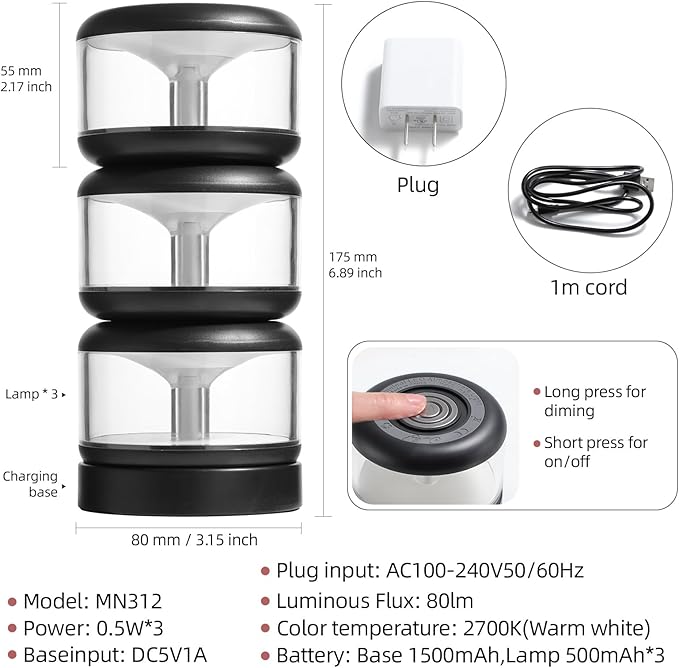 oneleaf Atmosphere Light Portable LED Night Light, Candle lamp, Three Lights with a Charging Base, Touch Switch Cordless Rechargeable Washroom,Stair,Bedroom,Camping(Black)