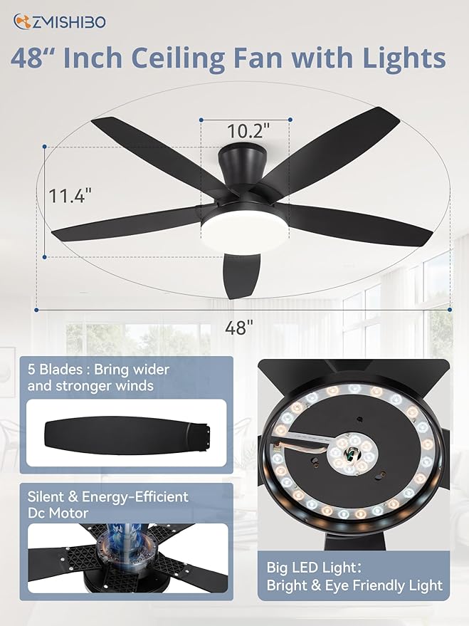 ZMISHIBO 48 inch Ceiling Fans with Lights and Remote/APP Control,Black Low Profile Ceiling Fan with Light,Quiet DC Motor,LED Dimmable, Modern Flush Mount Ceiling Fan for Bedroom Indoor/Outdoor Patio
