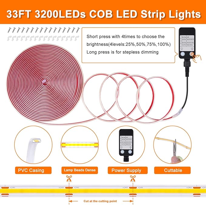 OMIKA 33FT COB Plug in LED Light Strip Outdoor Waterproof, 4000K Natural White 3200 LED Rope Light PVC Casing Tape Light Flexible with Self-Adhesive Timer Dimmable for House Garden Camping DIY