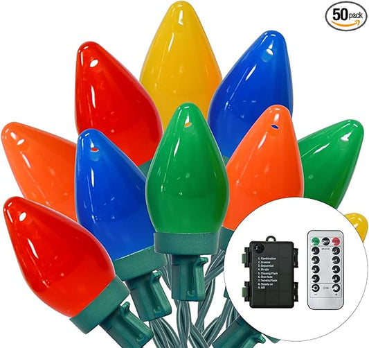 27.5FT C7 LED Christmas Lights Battery Operated Lights with Remote, 8 Mode Twinkle Vintage Colored Christmas Tree Lights, for Colorful Christmas Decorations Indoor Outdoor, 50 Light Bulbs