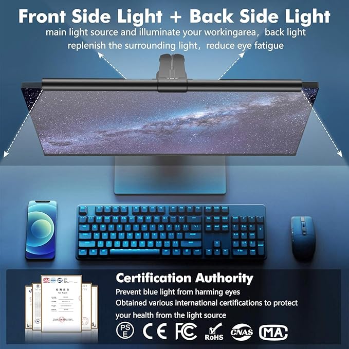 OOWOLF Monitor Light Bar with Backlight CRI≥95, Screen Light Bar, Desk Lamp for Eye-Caring, Flicker Free, 3-Color Mode, Memory Dimming, e-Reading Task Lamp,Computer Lights for Home Office