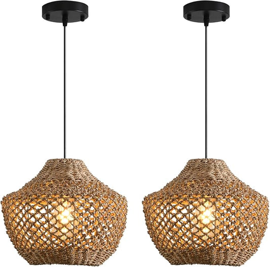 2-Pack Rattan Pendant Light Fixtures,11.81" Boho Pendant Light,Hand Woven Water Plants Rattan Chandelier for Workplace Occasions Restaurants Dining Living Bedroom Kitchen Farmhouse
