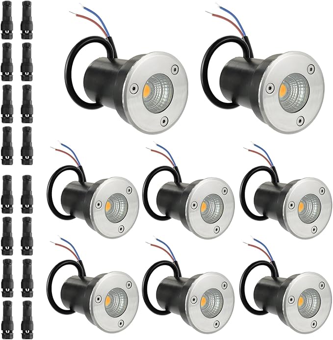 8 Pack Low Voltage Landscape Lights Well Lights 12-24V IP67 Waterproof In Ground Light and Outdoor Landscape Lighting for Garden Yard Driveway Deck Step Up Light with Connectors(Warm White)