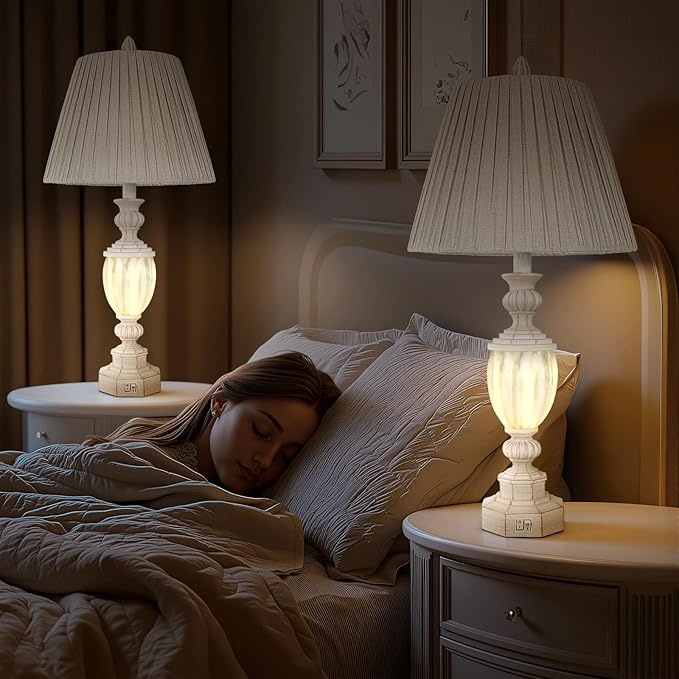 27" Rustic End Table Lamp Set of 2 with Night Light for Bedroom Living Room USB Charging Pots Farmhouse Bedside Lamp with Pleated Shade Boho Nightstand Lamps for Room Office Hotel Dorm(Bulb Included)