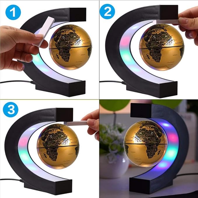 Floating Globe with LED Lights C Shape Magnetic Levitation Floating Globe World Map for Desk Decoration (Gold)