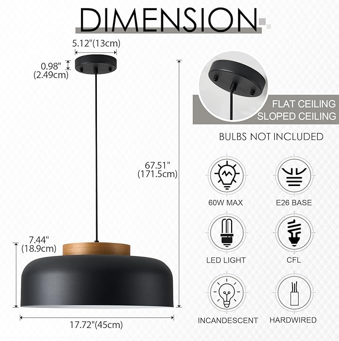 Modern Large Pendant Light Fixture, 17.7 inch,Natural Wood Cap, Matte Black Finish, Simple Pendant Lighting for Kitchen Island, Dining Room, Table