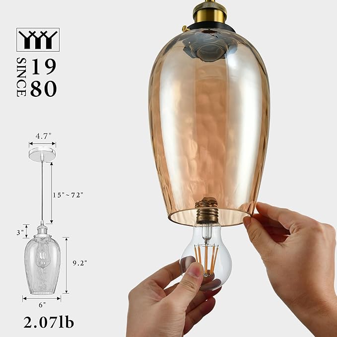 Modern Glass Pendant Light, 6"x9.2" Amber Ribbed Oval Light Fixture with Gold Cap, 15"-72" Adjustable Cord, E26 Socket for Kitchen or Hallway – Sunrise Glow Oval