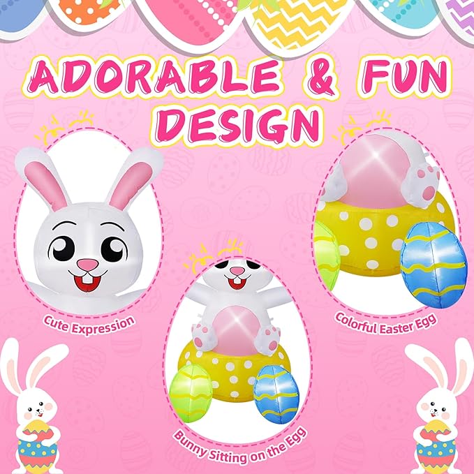 B&D 4FT Easter Inflatables Outdoor Decorations, Blow Up Inflatable Bunny Sits on Colorful Eggs Built-in LED Lights Happy Easter Yard Decorations for Holiday Party Indoor Outdoor Garden Lawn Decor