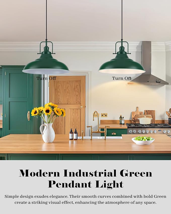 Green Pendant Light Kitchen Island, 16 Inch Large Pendant Lights, Industrial Pendant Lights, Vintage Farmhouse Pendant Light for Kitchen Island, Dining Room, Hallway (1 Pack)
