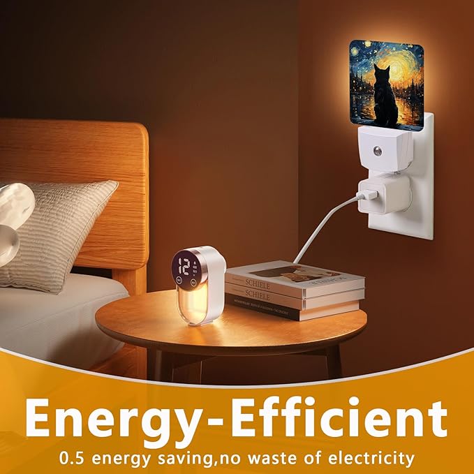Lonely Cat Night Light, Plug-into Starry Night Nightlight White LED Lamp, Energy Efficient Decor Desk Lamp for Bedroom Hallway Stairs Bathroom