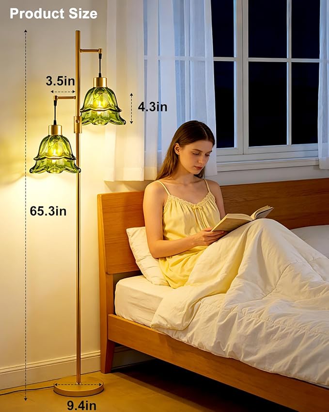 2-Light Gold Dimmable Floor Lamp for Living Room, 65IN Tall Standing Lamps with Green Glass Lampshade, 3000K Warmwhite Mid Century Modern Floor Lamp for Bedroom/Sofa Beside/Corner Decor