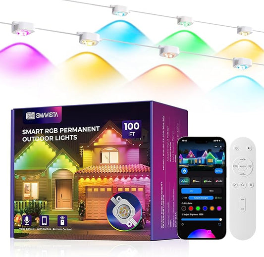 Smart Permanent Outdoor Lights Pro, 100ft 60LED RGB+IC+Warm/Cool White for Daily, 100+ Scene Modes, Waterproof Eaves Light for Halloween Christmas Decor, Works with Alexa, Google Assistant