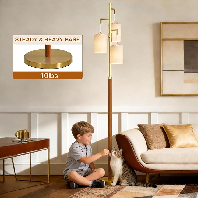 70" Dimmable Floor Lamp Wood Floor Lamps for Living Room Bedroom Mid Century Modern Floor Lamp Gold Standing Lamp Tall Lamps for Office Nursery Reading Elegant Stand Up Lamp, 3 Bulbs Included