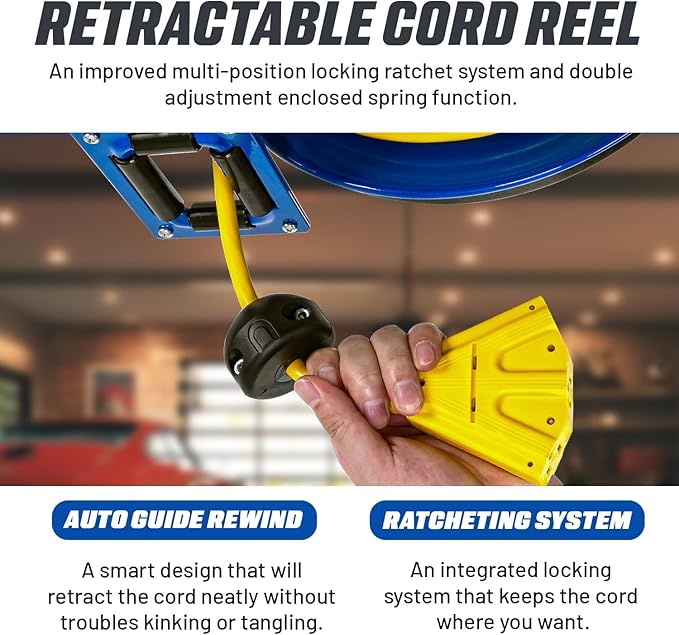 Goodyear Retractable Extension Cord Reel – Heavy-Duty Commercial Cable with Triple Tap Connector, Auto-Rewind & Wall/Ceiling Mountable (Industrial, 12AWG x 80 ft)