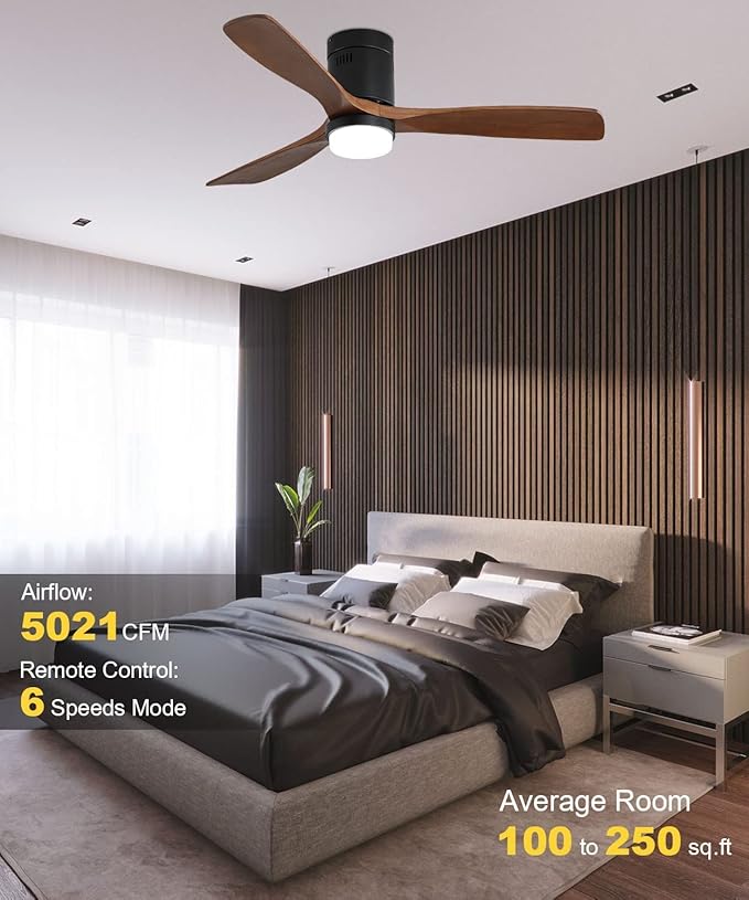 52 Inch Low Profile Ceiling Fans with Lights and Remote, 6-Speed Dimmable Outdoor Ceiling Fan with Light 3 Walnut Blades Wood Ceiling Fan with Timer, Reversible DC Motor for Patio Bedroom Farmhouse