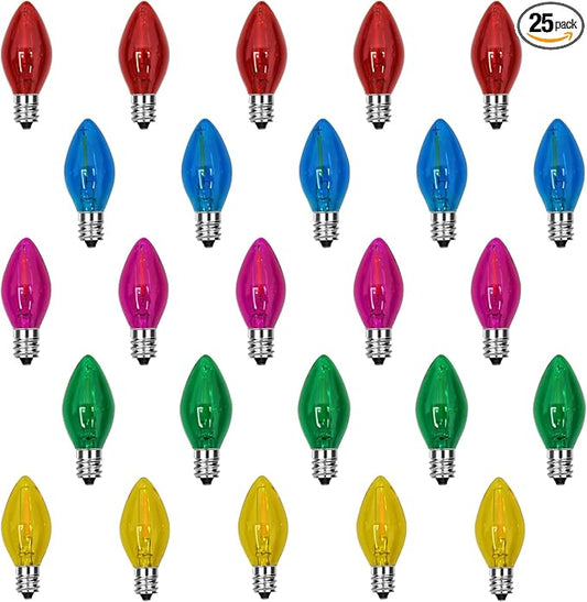 25 Pack LED C7 Christmas Lights Replacement Bulbs,Clear Multicolor Christmas Light Bulbs 0.6Watt Dimmable E12 LED Glass Bulbs for Indoor Outdoor Decorative