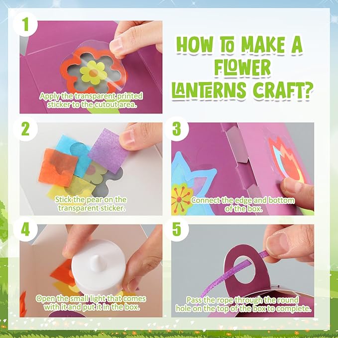 12 Sets Spring Floral Flower Craft with LED Lights Colorful Flower Tissue Paper Crafts Kits DIY Hanging Suncatchers Lanterns Kits for Window Decor Spring Summer Favors Home Activities