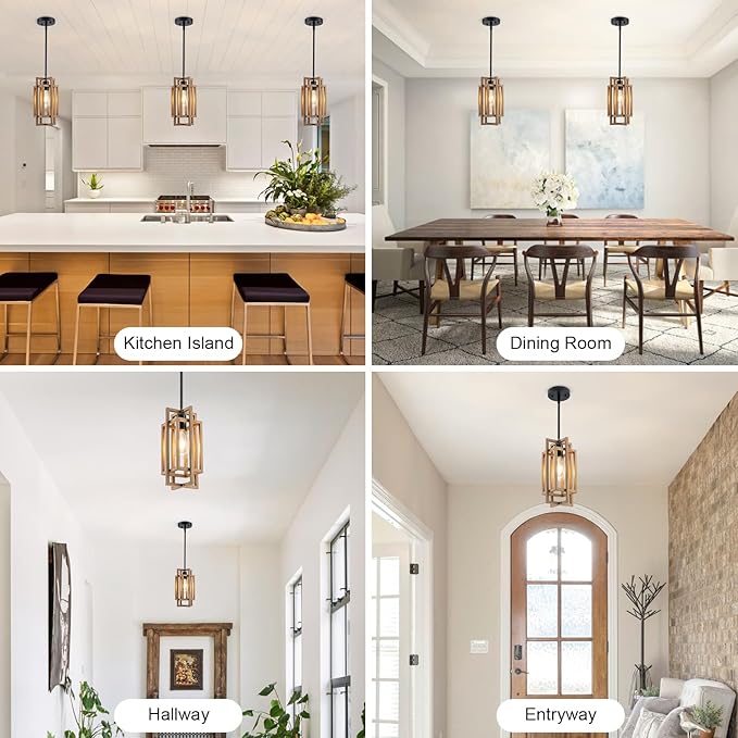 Farmhouse Pendant Light Fixtures, Retro Wood Texture and Black Finish Pendant Lights 59'' Adjustable Small Square Pendant Ceiling Hanging Light for Kitchen Island Dining Room Entryway