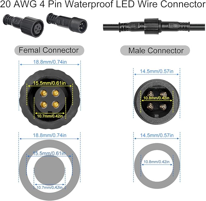 MAD OWL 4-Pin Waterproof LED Wire Connector Kit, 20 AWG 11inch/28cm Male Female Connectors with Tin Plated Joint for Various Waterproof Wires DIY (4 Set Black)