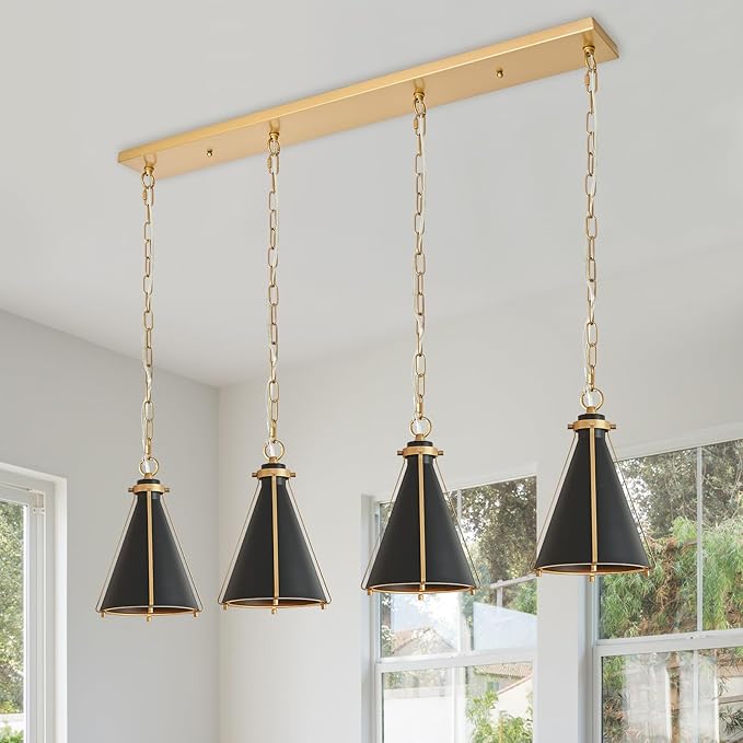 Black Gold Kitchen Island Light 4-Light Pendant Light Fixture Cone Shade 42" Rectangle Chandelier Light Fixture for Dining Room Bar Counter