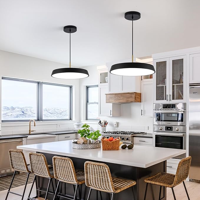 Black Pendant Light Fixtures 16inch,LED Modern Industrial KitchenIsland Hanging Lighting,3 Color Temperature Chandelier Metal Ceiling Light for Bar,Dining Room,Bedroom,Living Room