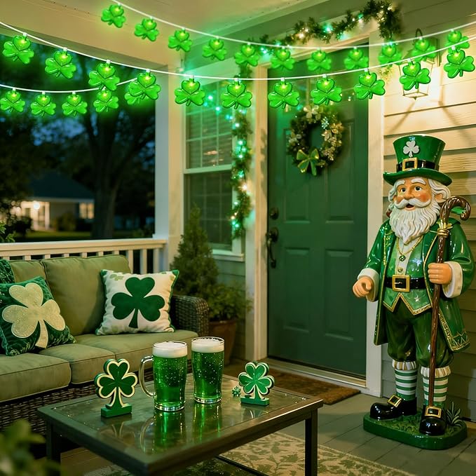 8.5FT Clear Green Shamrock Lights, St Patricks String Lights Outdoor Waterproof with 10 LED Light for rish Shamrock St Patrick's Day Party Indoor Home Garden Decorations