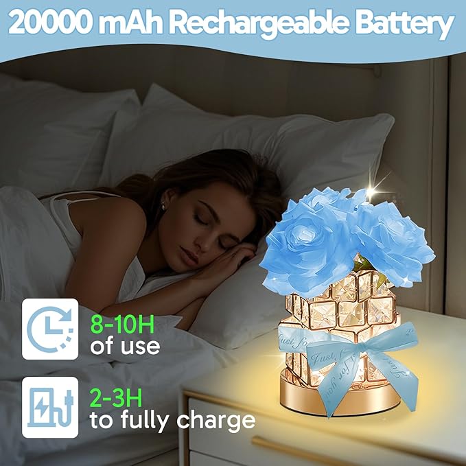 ONXE Romantic Rose Gifts for Girlfriend Wife Her,Rechargeable Cordless Touch Crystal Table Lamp,3-Colour Infinitely Dimming Small Night Light,Valentine's Day Anniversary Birthday Wedding Decor