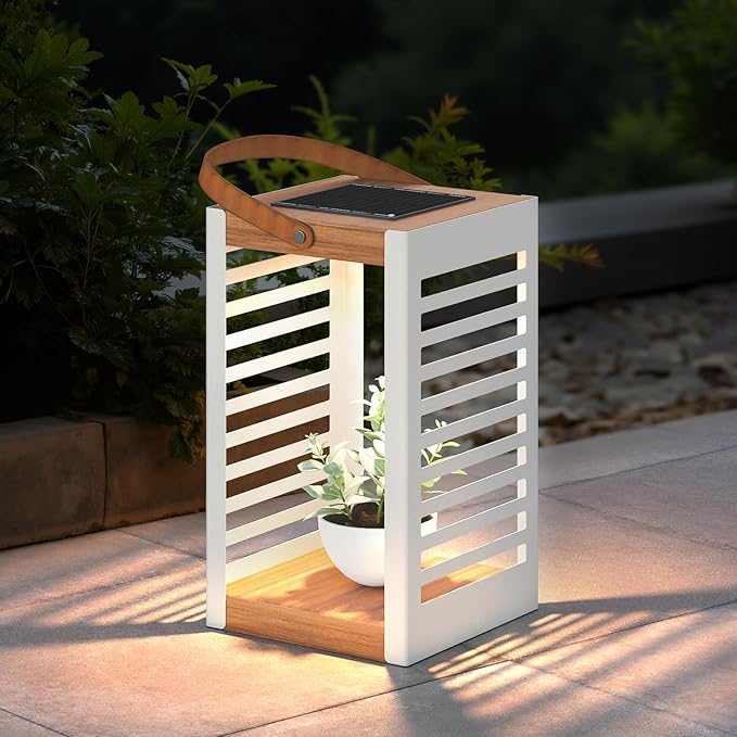 Solar Yard Outdoor Solar Lanterns, Solar Lamp Decorative Outdoor Water-Resistant Steel Table Decor with Handle for Patio, Yard, Porch, Small White