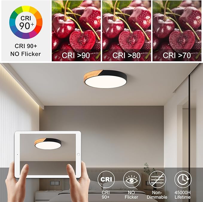 Vikaey Modern LED Ceiling Light, Minimalist Wood Flush Mount Ceiling Light Fixture, 4000K Not Dimmable, Circle Lighting Lamp with Acrylic Lampshade for Bedroom Dining Room Laundry (Black,15.8")