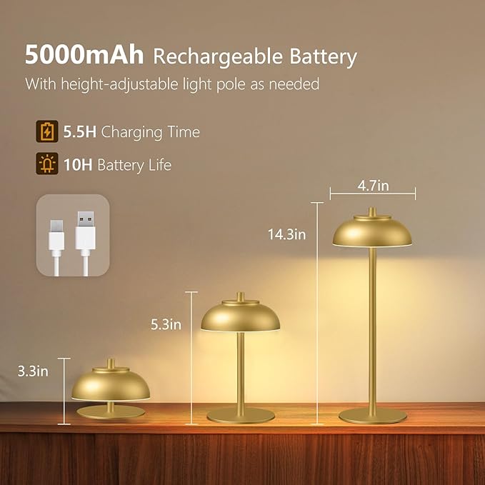 2 Pack Led Cordless Table Lamp: Modern Portable Desk Lamp for Indoor/Outdoor Use, 3 Color Dimming Rechargeable Battery Lights for Dining Room, Living Room, Patio, Camping(Gold)