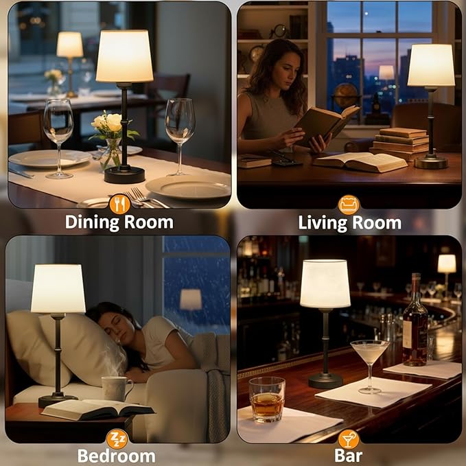 Cordless Table Lamp Rechargeable, Portable Battery Operated Light for Bedroom Living Room, 6000mAh Fabric Shade Desk Lamp 3000K Eye-Caring Home Decor for Dining Balcony Patio Counter Nightstand Hotel