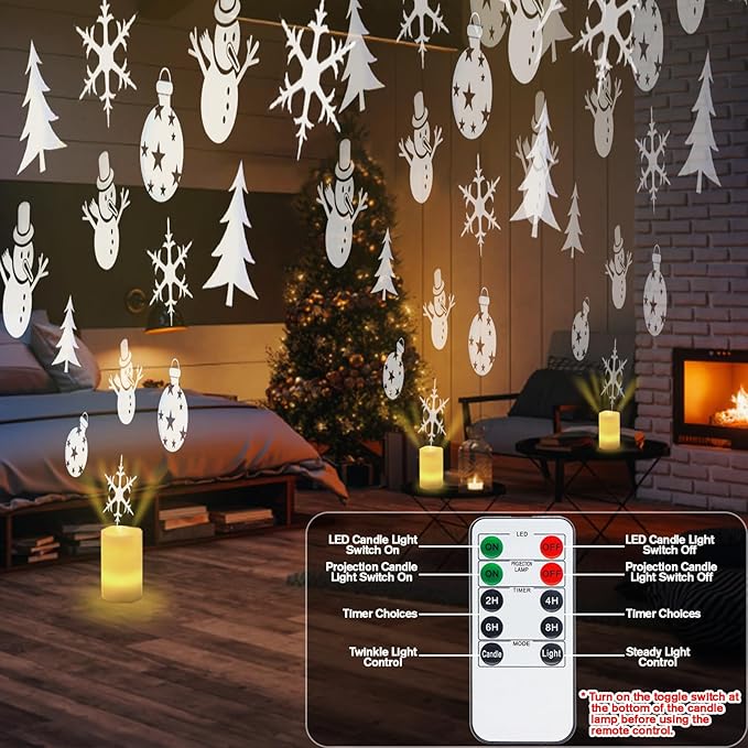 Flameless Candle Christmas Projector Light, Battery Operated Snowflake Candles Lamp with Remote and Timer, Plug-in LED Candle Lamp for Christmas Party Gift Decor (Ivory - Xmas)