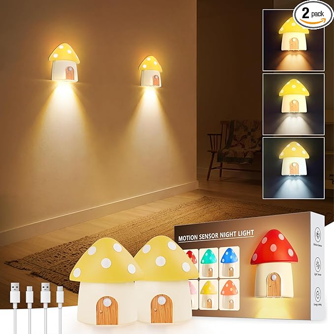 Mushroom Night Light, Cabinet Light Dimmable with 3 Color Temperature 3000/4500/6000K, Smart Motion Sensor Magnetic Rechargeable Nightlight for Kid Room, Gift Decoration, Yellow, 2 Pack