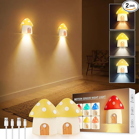 Mushroom Night Light, Cabinet Light Dimmable with 3 Color Temperature 3000/4500/6000K, Smart Motion Sensor Magnetic Rechargeable Nightlight for Kid Room, Gift Decoration, Yellow, 2 Pack