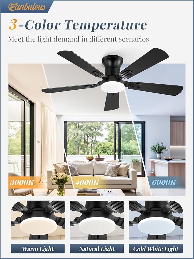 Fanbulous 42 Inch Ceiling Fans with Lights and Remote, Low Profile Indoor Black Ceiling Fan with 6 Speeds & 3CCT, Flush Mount, Dual-Finish 5 Blades,Quiet DC Motor for Living Room Bedroom(2 Pack)