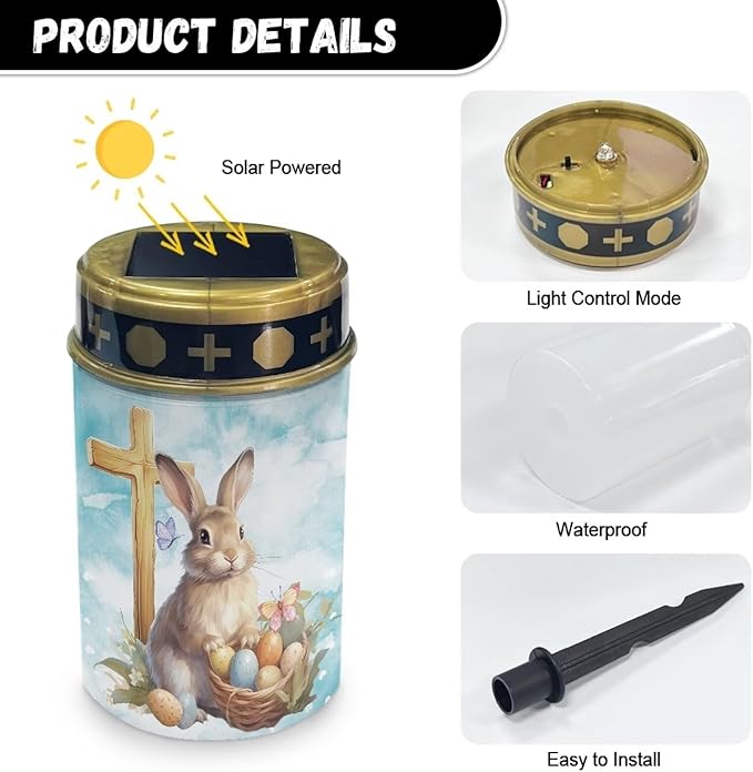 Rabbitl Cross Solar Grave Lights for Cemetery Flameless Solar Powered Light for Prayer Waterproof Cemetery Solar Lights for Grave Easter Decor Candle Lamp