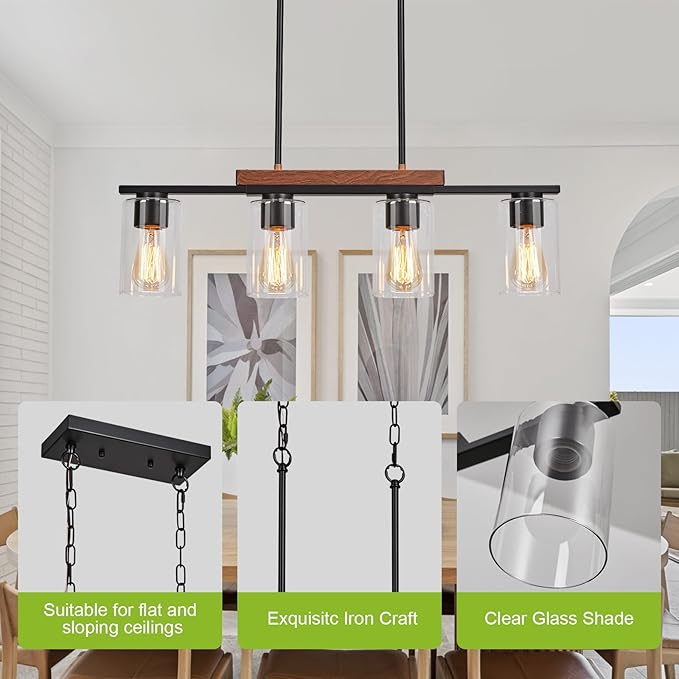 WILON Kitchen Island Lighting, 4 Lights Black Linear Chandeliers Modern Farmhouse Chandelier with Glass Shades for Kitchen Island Living Dining Room Foyer Bedroom(Black,4 Lights)