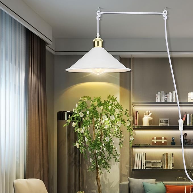 Plug in Pendant Light, Bigger Hanging Lights with Plug in Cord On/Off Switch, 13FT Industrial Plugin Hanging Light, Vintage Pendant Lights Fixture, White
