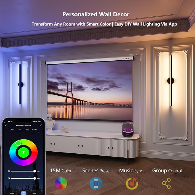 Smart Plug In Wall Lights Set of 2, RGBCW Color Changing LED Wall Sconces Works with Alexa, Goolge Home, Smart App, 23.6In Modern Black Indoor Wall Lamp for Bedroom, Living Room, Hallway, Music Sync