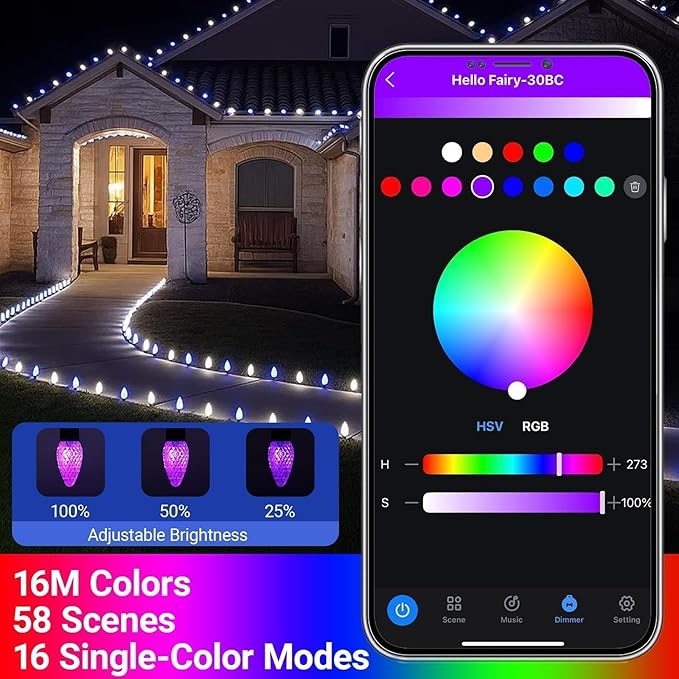 C9 Christmas Lights Outdoor, 49FT 50 LED RGB Color Changing Bulbs,App Bluetooth Music Sync, DIY Scenes & Timers, Connectable to 198FT, IP44 Waterproof Roofline Eaves Porch Fence Decorations