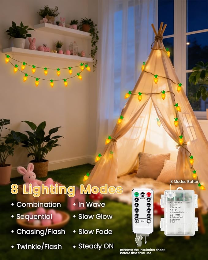 YIQU Easter Decoration String Lights, 10FT 12LED Indoor Carrot Mantel Garland Battery Operated with Remote Timer 8 Modes, Hemp Rope Banner for Fireplace Table Wall Spring Party Indoor Outdoor Decor