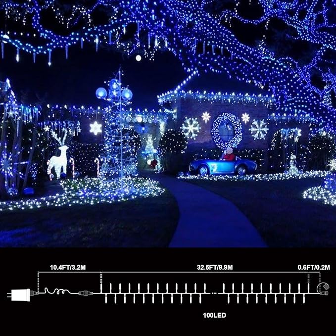 LAMPHOME Blue Christmas Mini Lights, 32.5FT 100 LED Clear Bulbs String Lights with 16 Light Modes, Fairy Lights Plug in for Outdoor Xmas Trees Garland Wreath Holiday Decorations