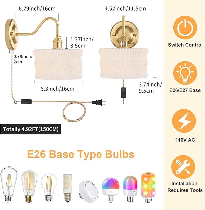 Plug in Wall Sconce Set of 2, Gold Vintage Wall Decor Lights with White Ripple Glass Shade, Indoor Brass Corded Wall Lamp Fixture for Bedroom Living Room Bathroom Hallway